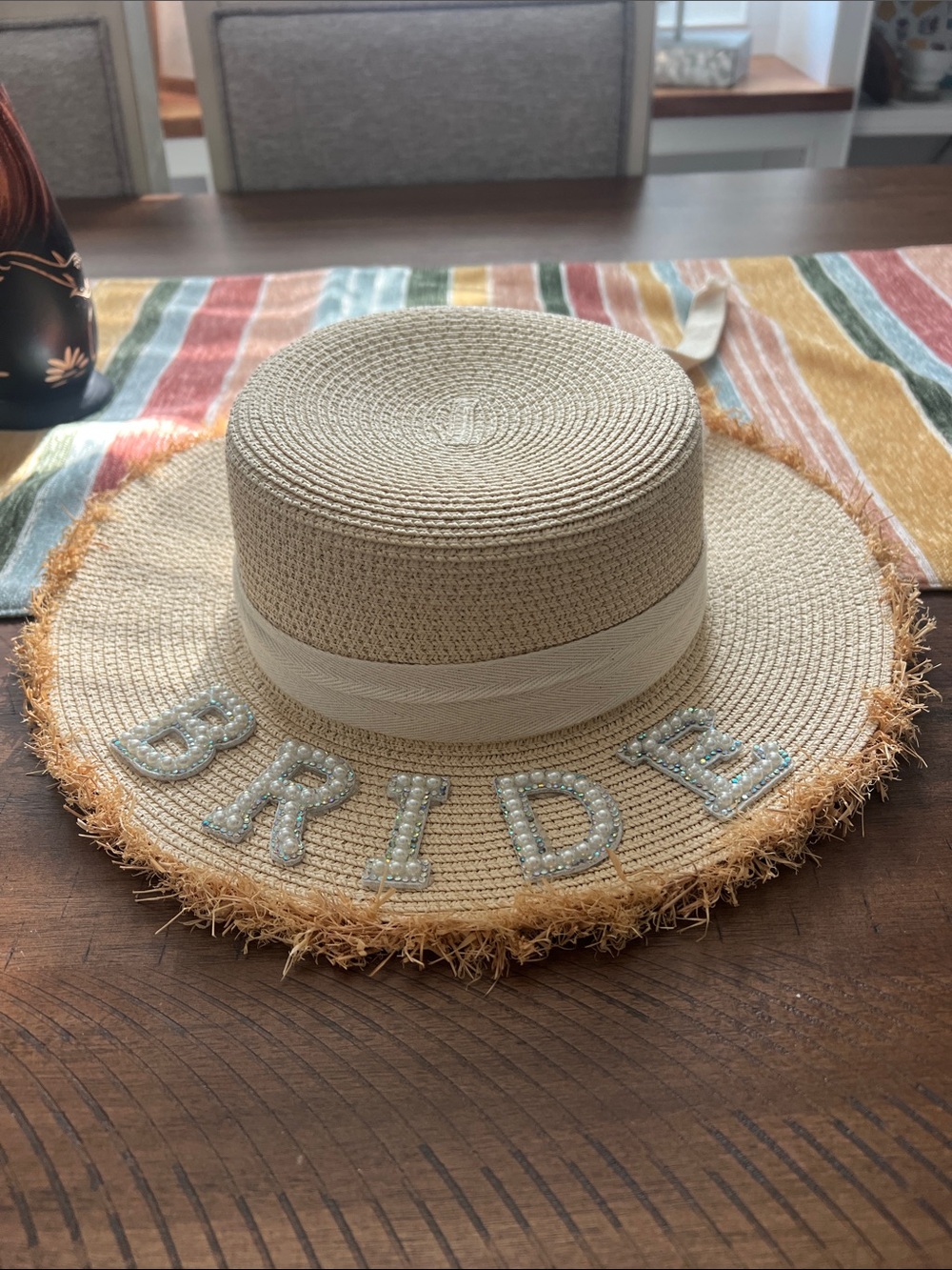 Bridal Straw Sun Hat with 'BRIDE' Pearl Letters - Cream